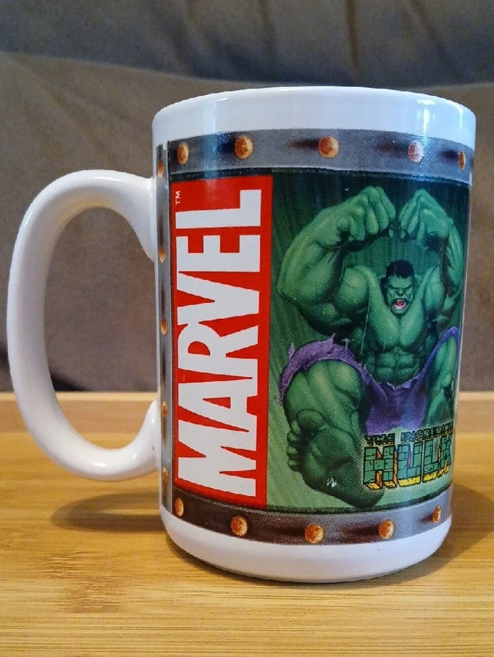 Marvel Ceramic Mug Duo — White with Green and Red and Red and Gold Artwork